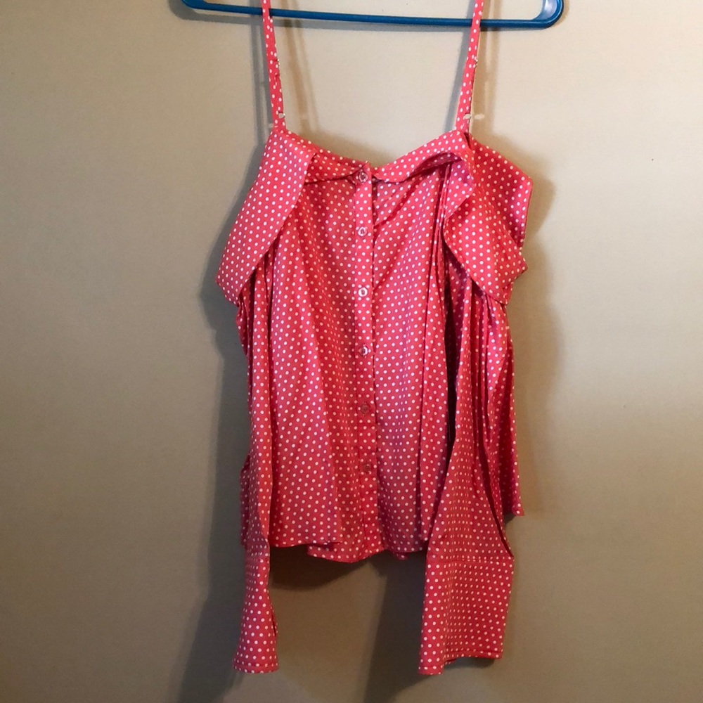 coral polka-dot off the shoulder blouse